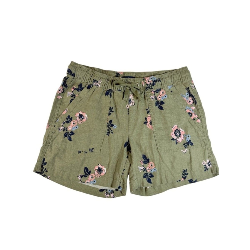 Nautica Olive Green‎ Linen Blend Floral Shorts Elastic Waist Boho Womens Smal